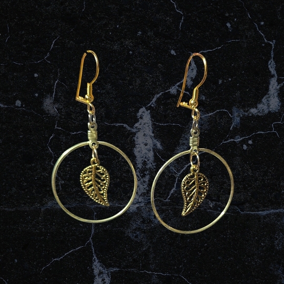 Everything By Shay Jewelry - Gold Leaf Hoop Drop Earrings - Handmade Women Jewelry